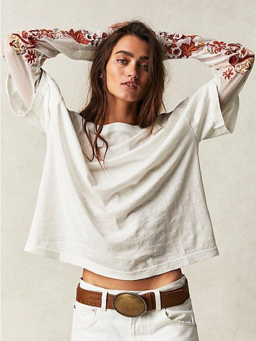 Free People Gardner Tee Natural Size Small Lace Embroidery Details